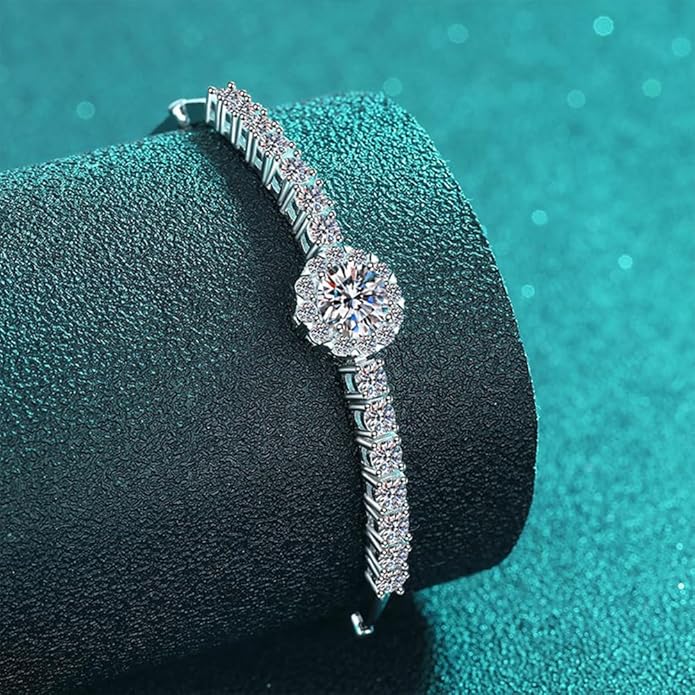 14K White Gold Over S925 Sterling Silver 2.4ct VS1 D-color Round/Square Cut Diamond Adjustable Bracelet for Women, Simple and Stylish Design with Full Shinning Gemstone Encrusted Detail