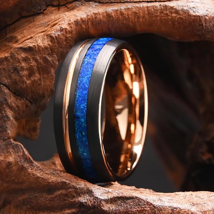 Tungsten Carbide Rings for Men Women 8mm Men's Engagement Wedding Bands Rose Golden Grooved Inlaid Blue Opal Matte Brushed