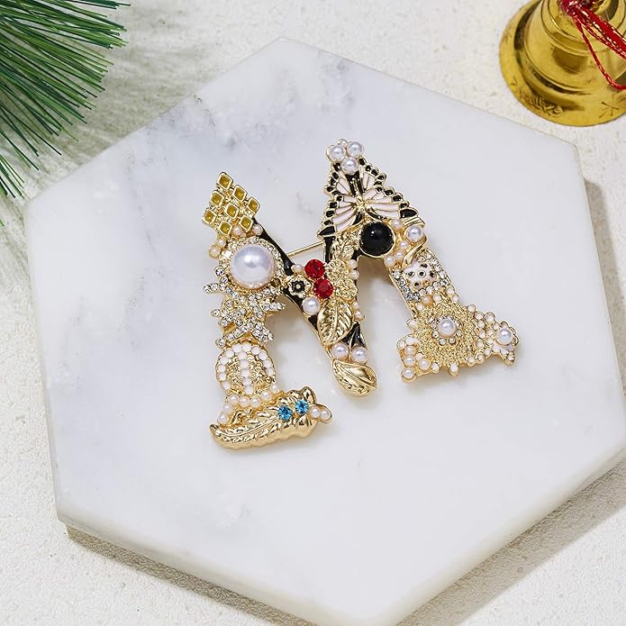 Crystal Pearl Initial Brooches Pins Gold Letter A-Z Lapel Pin Enamel Colorful Alphabet Letter Breastpin Pin Jewelry for Women Girls