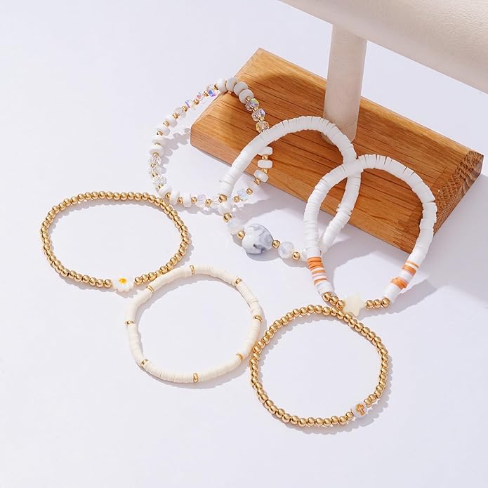 Heishi Beaded Stretch Bracelets for Women Stackable Polymer Clay Beads Bracelets Friendship Boho Summer Beach Bracelet Jewelry Set