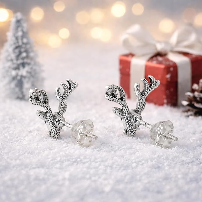 AeraVida Majestic Stag Deer Head .925 Sterling Silver Stud Earrings | Elegant Nature-Inspired Jewelry for Women | Unique Silver Animal Studs