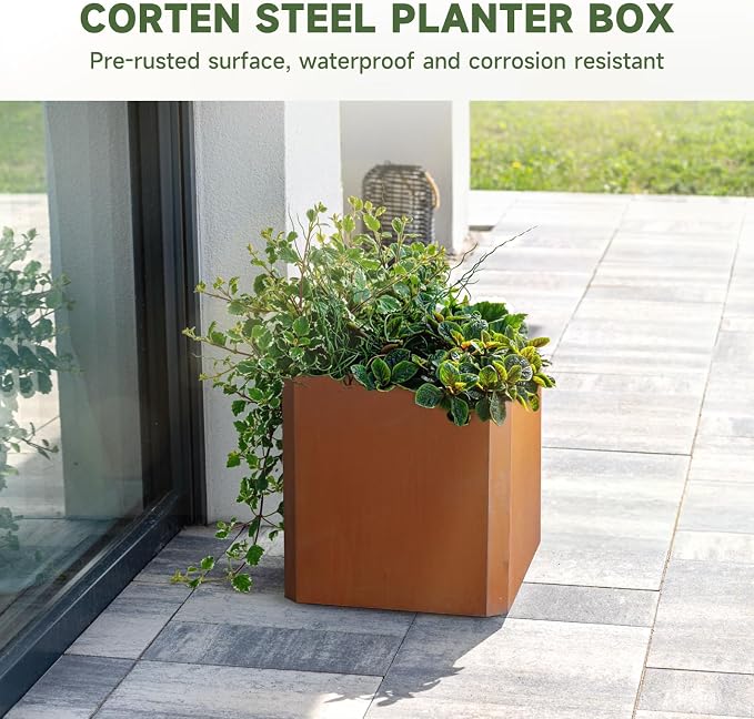 Corten Steel Planter Box 26”L x 26"W x 26"H Large Square Steel Planter Box | - Image 4