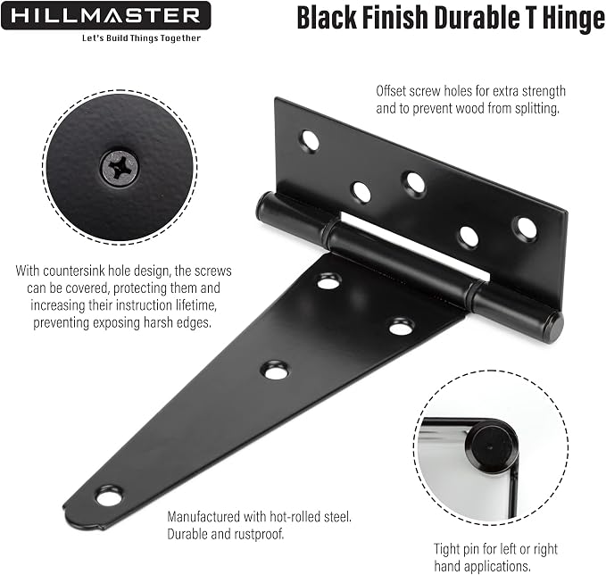 HILLMASTER 10 Inch T-Strap Heavy Duty Shed Door Hinges Gate Strap Hinges Black - Image 3