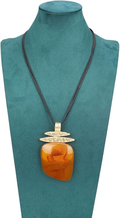GelConnie Leather Necklace for Women Large Pendant Long Brown Necklace Circle Leather Choker Vintage Sweater Necklace Gold Chunky Boho Necklaces for Women