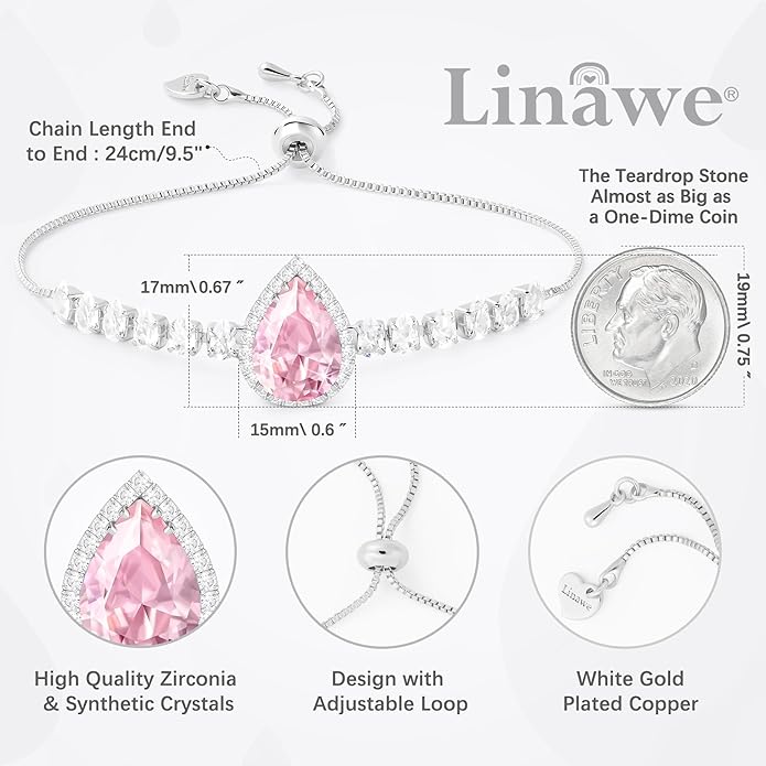 Linawe Crystal Imitation Diamond Rhinestone Charm Bracelets for Women, Gold/Silver/Rose Gold Adjustable Chain Bracelet, Teardrop Birthstone Cubic Zirconia Prom Costume Wedding Jewelry