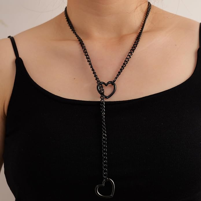 Heart Slip Chain Necklaces for Women,Stainless Steel O-Ring Adjustable Lariat Y-Necklace,Punk Gothic Cuban Collar Choker Necklace for women