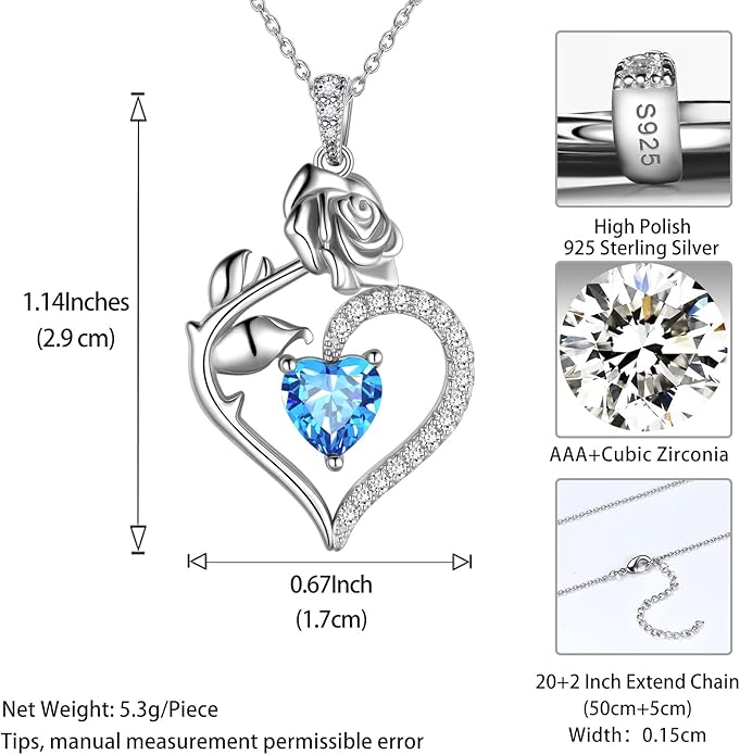 Jewmon Valentine Day Gifts for Her Rose Heart Birthstone Necklace for Women 925 Sterling Silver Birth Stone Flower Rose Necklace Anniversary Love GIfts for Girlfriend Wife Mom Birthday Gifts for Her