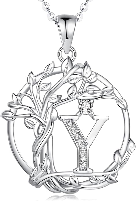 FANCIME Tree of life Initial necklaces for women, Sterling Silver Tree Jewelry Simulated Diamond Letter Pendant Cubic Zirconia CZ Personalized Birthday Mothers Day Gifts for Mom Wife Her