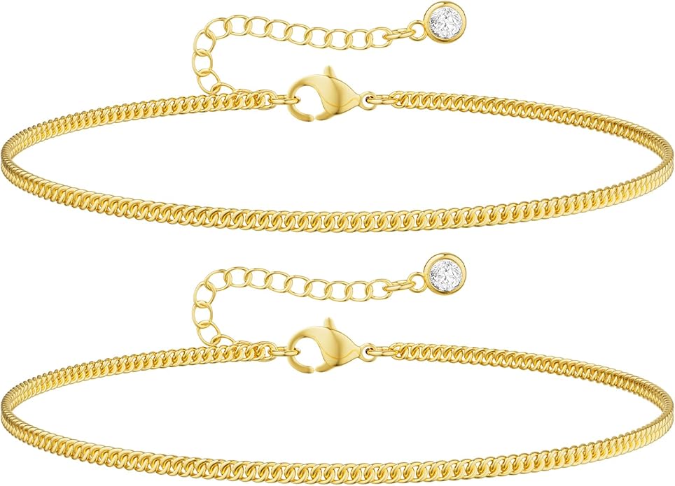 DEARMAY Dainty 14K Gold Plated Ankle Bracelets for Women, Waterproof 14K Gold Plated Link Chain Anklets Non Tarnish Set Pack Summer Beach Jewelry Gift