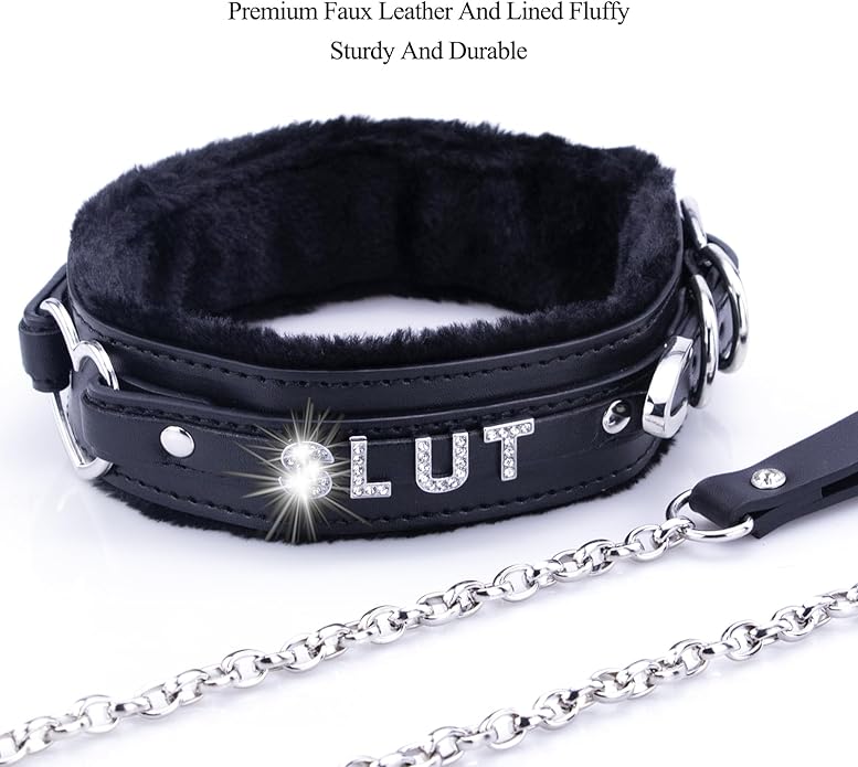Leather Heart O-ring Collar Necklace for Women, Adjustable Gothic Punk Collar with Letters Soft Furry Choker Jewelry