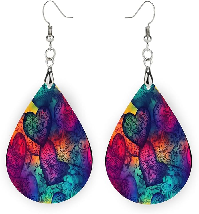 Teardrop Wood Earrings Light Weight Printed Image Dangle Jewelry, Fun and Funky