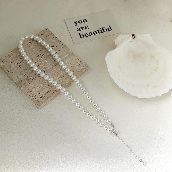 Zeffy Pearl Necklace 4MM/6MM/8MM Dainty Round Imitation Pearl Choker Necklace Wedding Pearl Necklace Delicate Jewelry for Women Simple Bridesmaid Jewelry Gifts