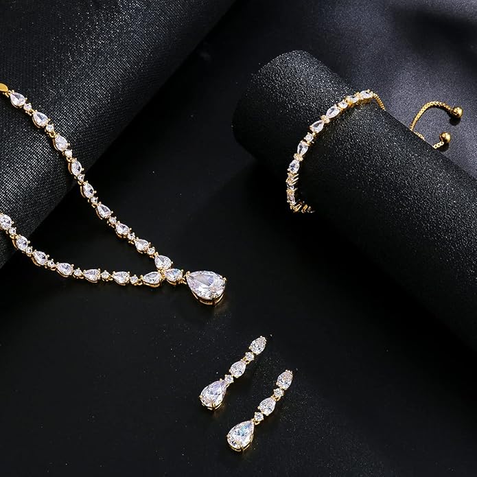 Bridal Wedding Jewelry CZ Set Marquise Teardrop Cubic Zirconia Pendant Necklace and Dangle Earring Bracelet Sets for Women