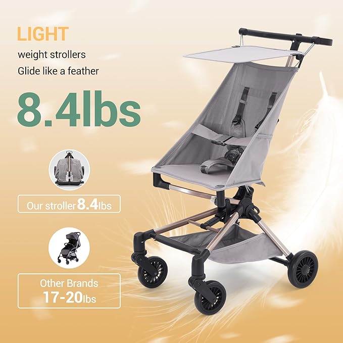 Lightweight Baby Travel Stroller – Compact & Airplane-Friendly Design, One-Hand Fold, 8.4 Lbs Carbon Fiber Frame, Breathable Fabric, Overhead Luggage Compatible, Perfect Infant & Toddler Stroller,Grey