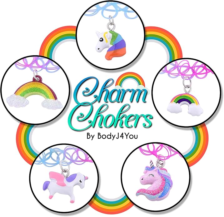 BodyJ4You 2PC Tattoo Choker Necklace - 90s Choker Necklace Women - 2000s Y2K Black Chokers Rainbow Choker - Butterfly Ying Yang Unicorn Rainbow Charms - Stretchy Elastic Necklace