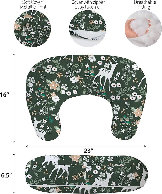 Little Grape Land Nursing Pillow,Upgraded Breast Feeding Pillow for Mom,Breastfeeding & Bottle Feeding for 0–13 Months, Soft Machine Washable Cover with firm breathable filling, Tummy Time,Forest Deer