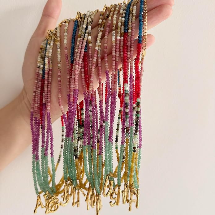 Beaded Initial Necklace for Women, Boho Natural Stone Semi-Precious Stone 18K Gold Plated Letter Pendant Rainbow Colorful Trendy Alphabet Dainty Choker Jewelry for Women Summer Beach Party
