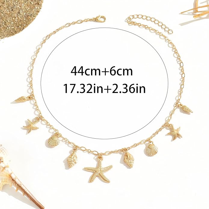 Shell Starfish Necklace for Women, 14k Gold Plated Boho Layered Beaded Charm Pendant Necklace, Dainty Adjustable Pearl Conch Summer Beach Vacation Jewelry Gifts