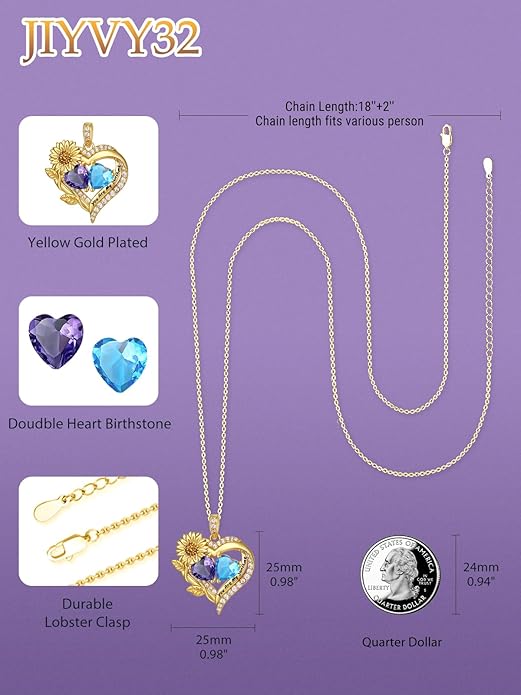 Sunflower Heart Necklace for Women 14K Gold Exquisite Valentines Day Anniversary Birthday Gifts for Wife Mother Her Double Birthstone Pendant Jewelry‘You Are My Sunshine’