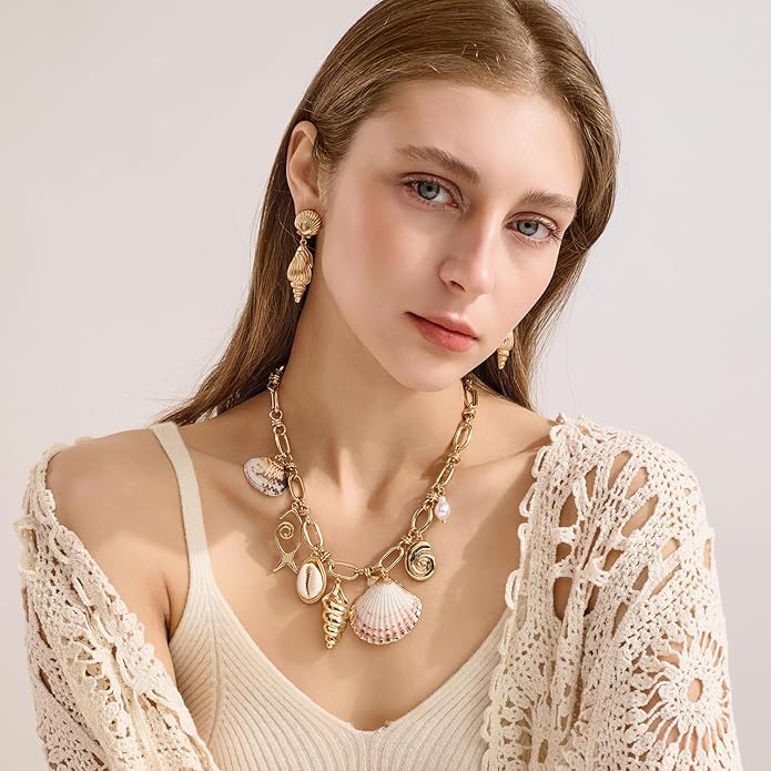 LILIE&WHITE Gold Sea Shell Necklaces for Women With Trendy Charms Necklaces Summer Beach Necklace Starfish Charms Fashion Jewelry Gift