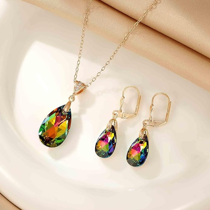 EVEVIC Austrian Crystals Teardrop Pendant Necklace Earrings for Women 14K Gold Plated Hypoallergenic Leverback Drop Dangle Earrings Jewelry Set