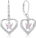 Butterfly Birthstone Heart Dangle Drop Earrings, 925 Strlings Silver 5A Cubic Zircon Leverback Earrings Jewelry Anniversary Birthday Gifts for Women