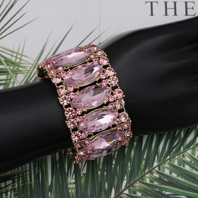 Women’s Elegant Wedding Bridal Crystal Double Row Marquise-Shape Leaf Stretch Bangle Bracelet Bride Jewelry for Women