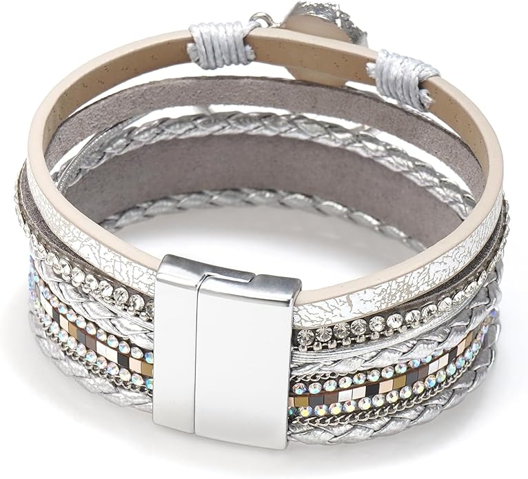 Suyi Multilayer Leather Wrap Bracelet Heart-Shape Wide Cuff Bracelets for Women
