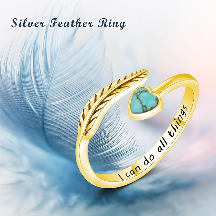 Turquoise/Moss Agate/Moonstone/Black Onyx/Lapis Lazuli/Labradorite/Tiger Eye Feather Ring 925 Sterling Silver Adjustable Ring Western Thumb Rings Vintage Jewelry Gifts for Women