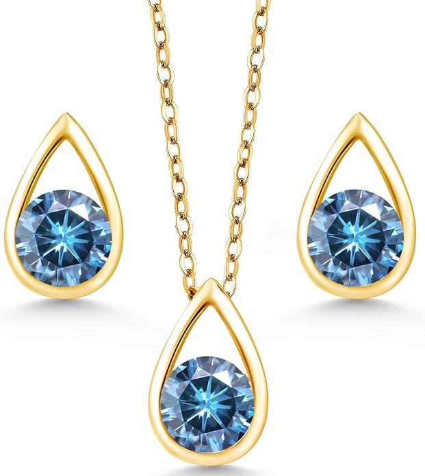 Gem Stone King 18K Yellow Gold Plated Silver 5MM Round Gemstone Birthstone Teardrop Pendant Earrings Set | Jewelry Set for Women | With 18 Inch Chain