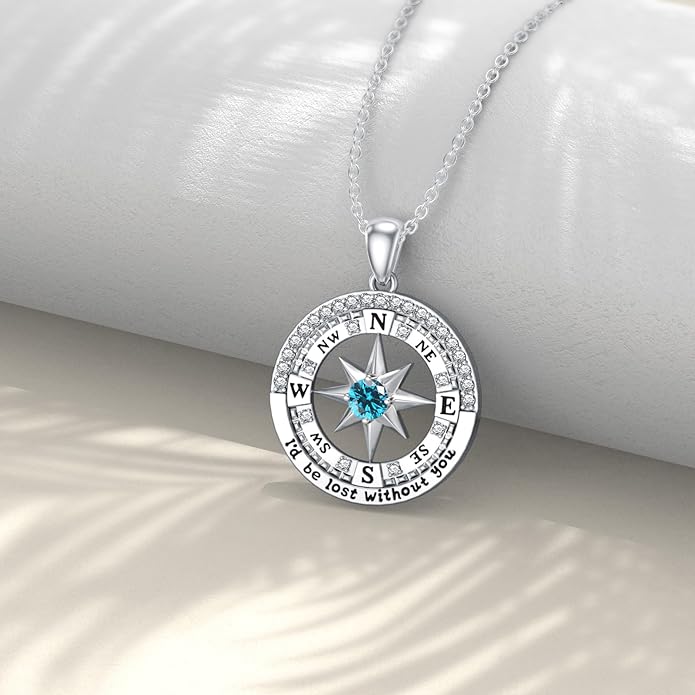 Compass Birthstone Necklace Gift for 2025 Graduation 925 Sterling Silver Compass ‘I'd be Lost Without You’ Pendant Necklaces Jewelry for Women Her Wife Gift for Birthday Anniversary
