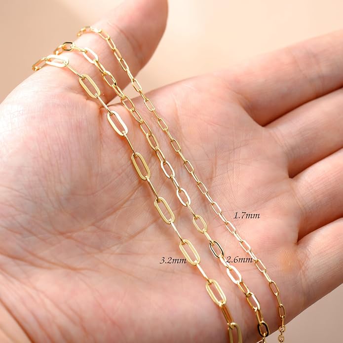 14K Yellow Gold 6-13 Inch 1.2mm-3.2mm Chain Bracelet Anklet for Women, Cuban Link Curb/Rope/Paper Clip/Round Snake/Herringbone/Bead/Water Wave, Thin Gold Chain Bracelet Durable Strong Real 14k Gold Chain Bracelet Anklet