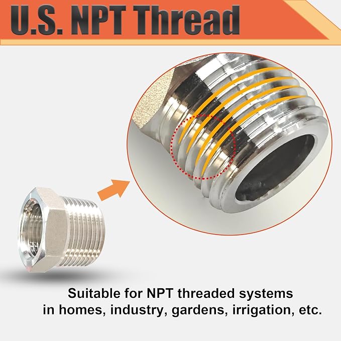 1/2" NPT Male to 3/8" NPT Female Reducer Bushing, 304 Stainless Steel Pipe Hex - Image 3
