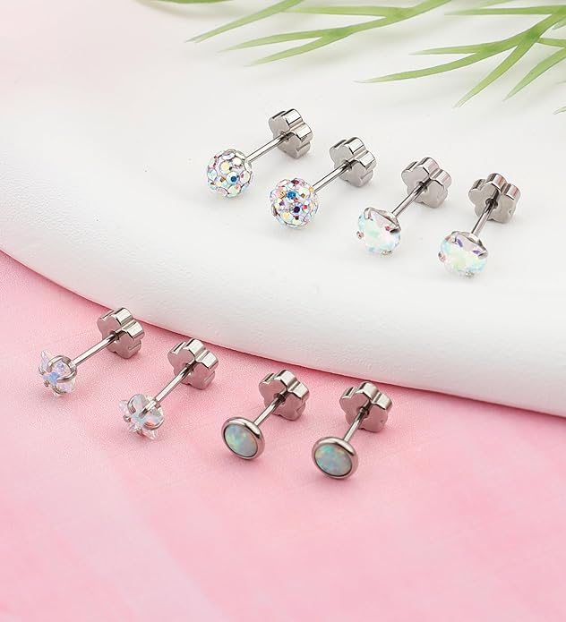 4Pairs 14K Gold Stud Earrings for Women Girls 316L Stainless Steel Hypoallergenic Earrings 20G Flat Back Handmade Nap Earrings Cute Screw Back Opal Heart Star Cartilage Earrings