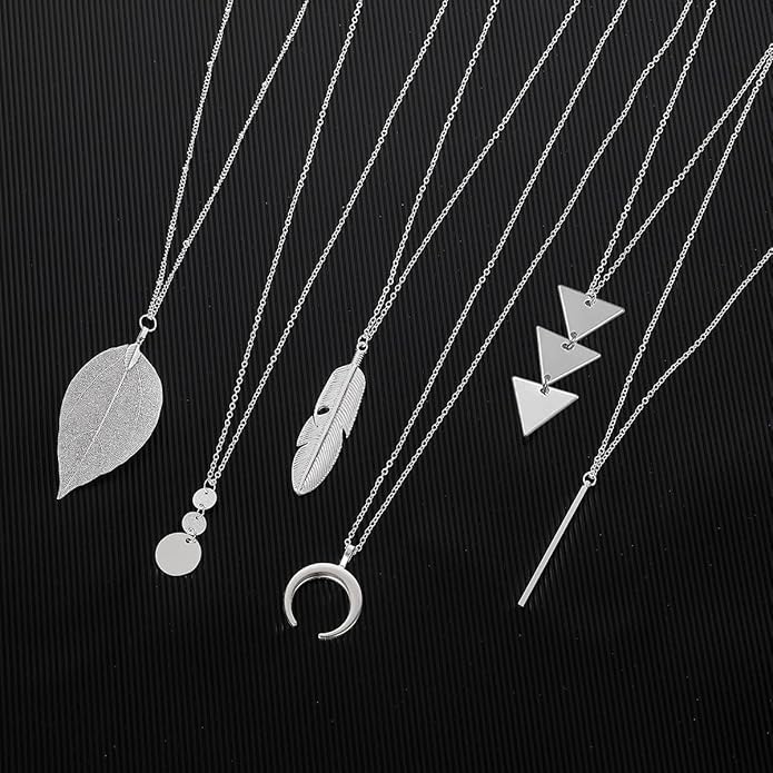 Long Necklaces for Women - Fashion Pendant Necklace Jewelry, Silver Bar Feather Circle Leaf Lock Tassel Y Necklace Jewelry Set for Girls