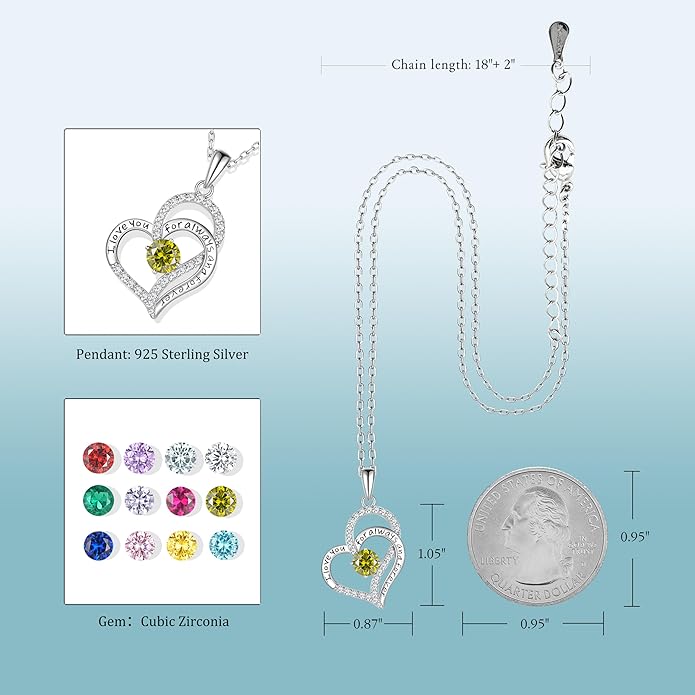 Birthday Gifts Double Heart Birthstone Necklace for Women, S925 Sterling Silver Pendant Necklace Jewelry for Her Mother Mom Wife Girlfriend