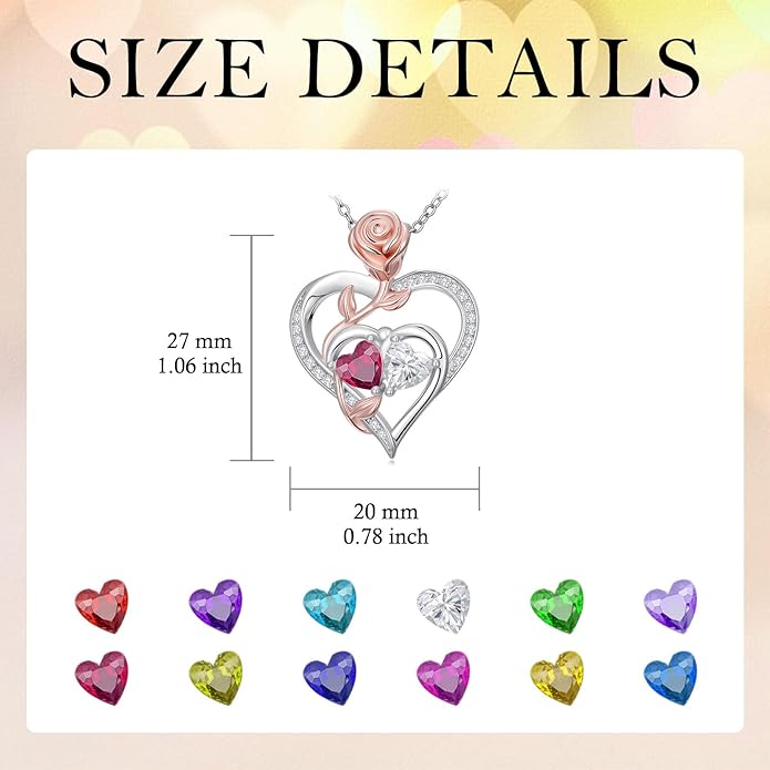 Rose Flower Heart Pendant for Women Birthday Gifts 18k Gold Plated Mother Daughter Necklace with 12 Months Birthstone Christmas Valentines Day Gifts for Her Mom Anniversarry Jewelry for Mom Wife Girlfriend