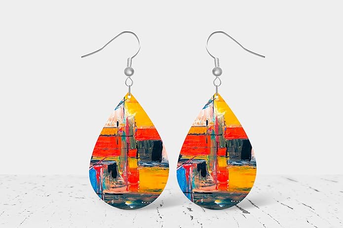 Teardrop Wood Earrings Light Weight Printed Image Dangle Jewelry, Fun and Funky