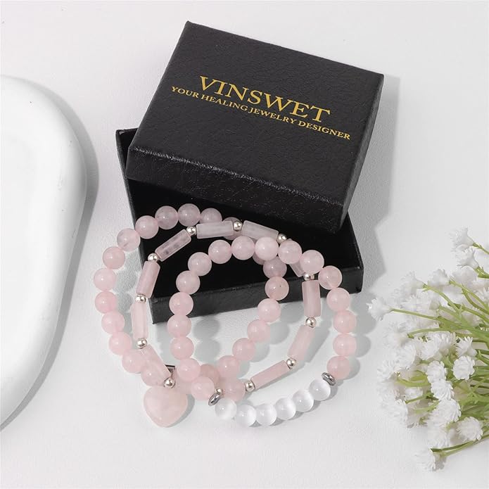 Healing Crystal Beaded Bracelets for Women,Natural Amethyst Gemstones Bracelet,Anxiety Stress Relief Heart Charm Bracelet Handmade purple Jewelry Gifts for Women