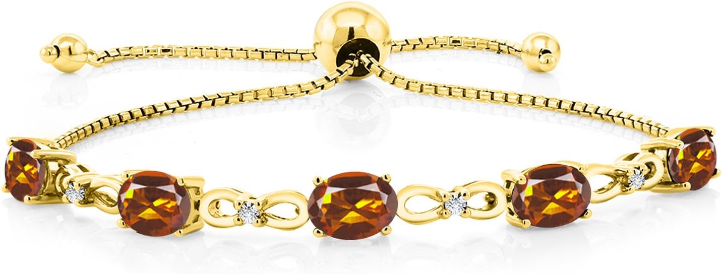 Gem Stone King 7X5MM Oval Cut Gemstone Birthstone and Accent Lab Grown Diamond Tennis Bracelet For Women In 18K Yellow Gold Plated Silver | Adjustable Bolo Bracelet For Women | Easy-On Easy-Off