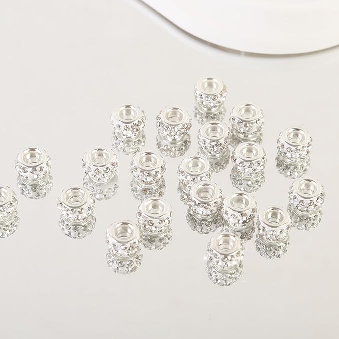 60Pcs Rhinestone Large Hole Beads Spacer Beads White European Craft Big Beads Large Hole Rhinestones Lampwork Murano Bead Fairy Wand Garden Beads for DIY Bracelet Necklace Jewelry Making Supplies
