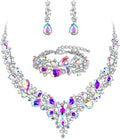 BriLove Wedding Bridal Jewelery for Women Austrian Crystal Teardrop Cluster Statement Necklace Dangle Earrings Link Bracelet Set