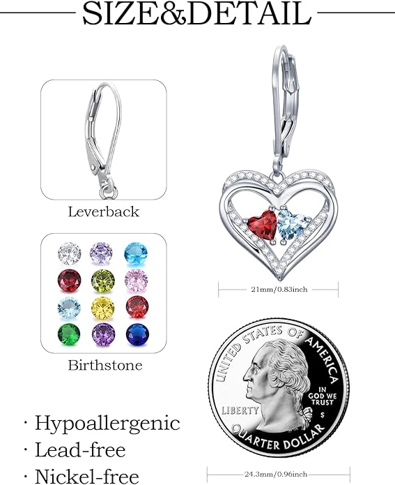 Valentines Day Gifts for Women, Heart Leverback Earrings Double Birthstone Dangle Earrings for Women, Love Jewelry for Her, Anniversary Birthday Gift for Mom Wife Girlfriend
