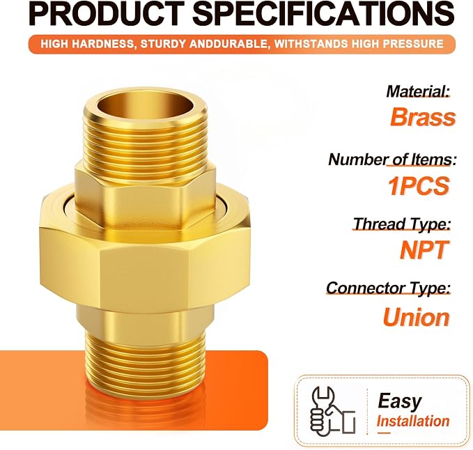 GASHER 3/4" MNPT Brass Union Pipe Fitting | 3/4 Inch Male x 3/4 Inch Male - Image 2