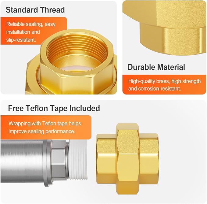 GASHER 1/2" FNPT Brass Union Pipe Fitting | 1/2 Inch Female x 1/2 Inch Female - Image 4