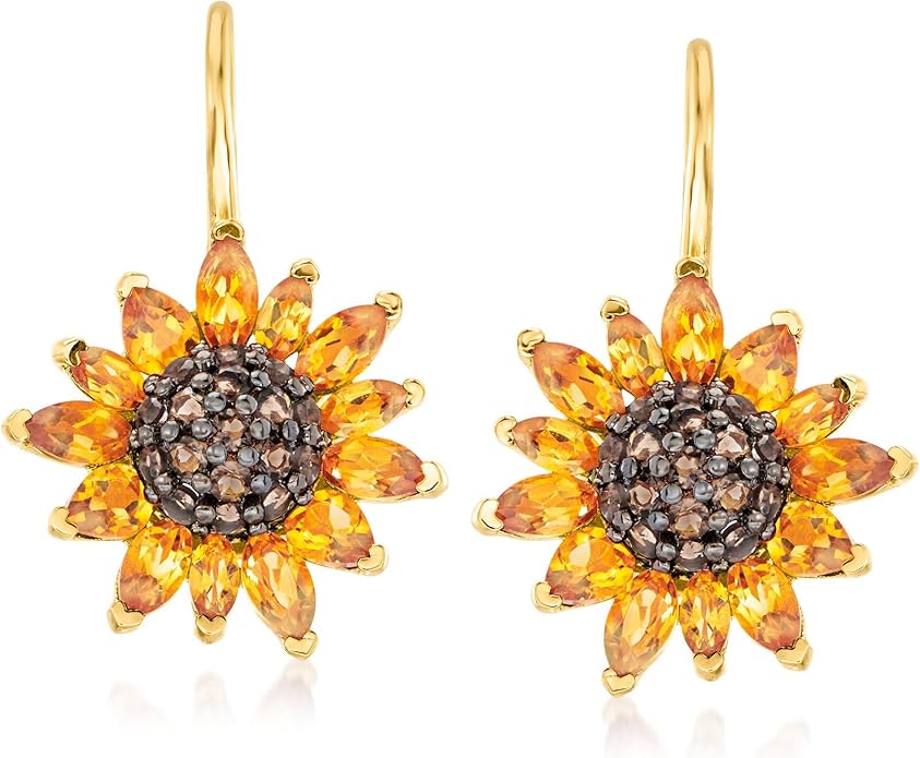 Ross-Simons 3.50 ct. t.w. Citrine and .80 ct. t.w. Smoky Quartz Sunflower Drop Earrings in 18kt Gold Over Sterling