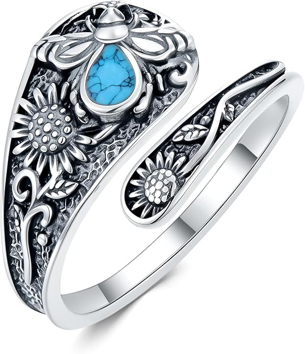 JKR Turquoise Spoon Rings for Women Sterling Silver Vintage Antique Thumb Ring Boho Jewelry Anniversary Birthday Gift for Wife Her Mom