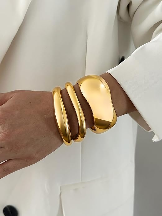 3Pcs Chunky Gold Bangles Bracelets for Women, Spring Hinged Big Stackable Bangles Set, Trendy Cuff Bracelet Stack Fashion Jewelry Gifts