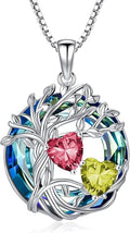 TOUPOP s925 Sterling Silver Family Celtic Tree of Life Pendant Necklaces with 2 Heart Birthstone with Blue Austrian Crystal Jewelry Birthday Valentines Day Gifts for Her, Anniversary Christmas Gifts for Wife Girlfriend Mom (18K Real White Gold Filled)