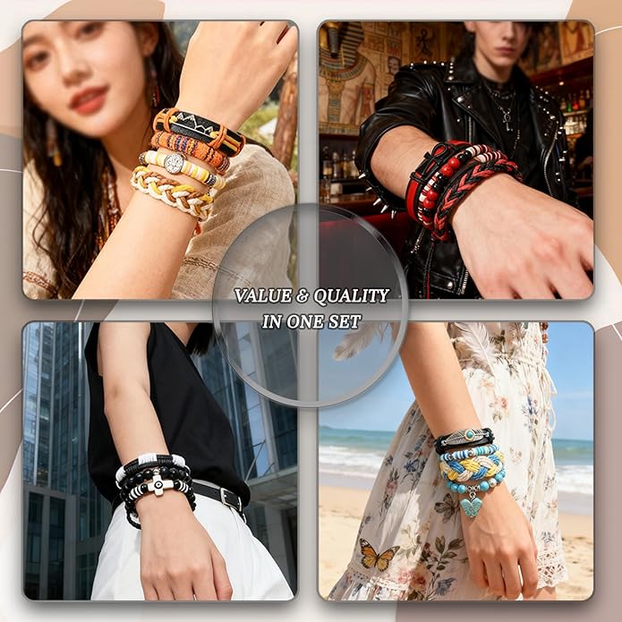 Punk Beaded Bracelets Pack for Men Women, Mens Bracelet Set with Beads, Mens Bead Bracelet Stackable Gothic Boho Adjustable Men Bead Bracelet Pack